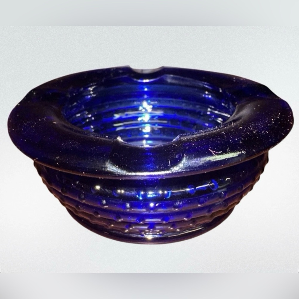 Cobalt Blue‎ MCM Glass Ashtray Hobnail Ribbed Rings Marked 4 On Bottom